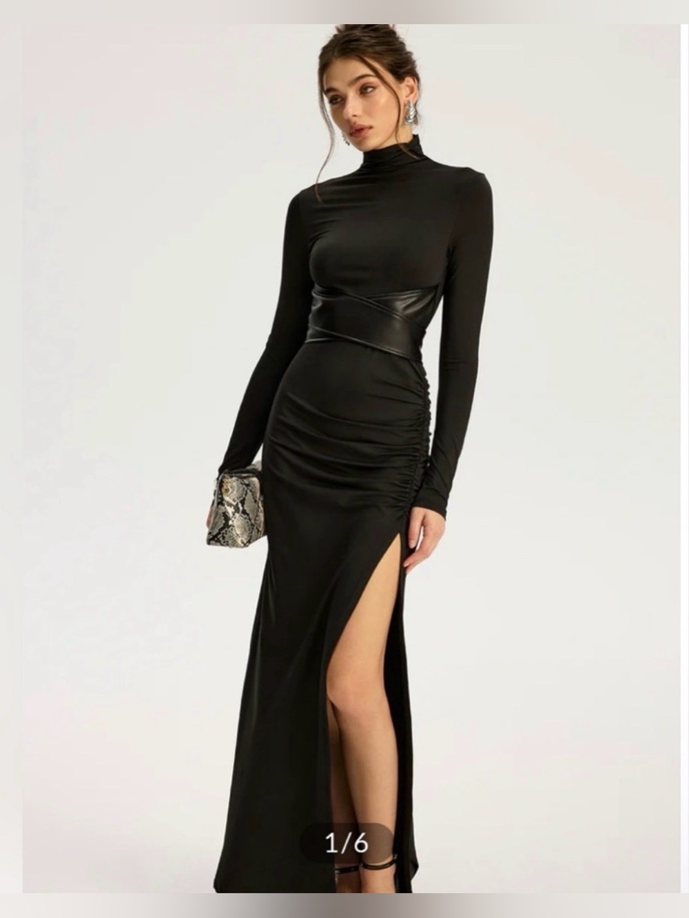 Commense Black Long-Sleeve High-Slit Maxi Dress